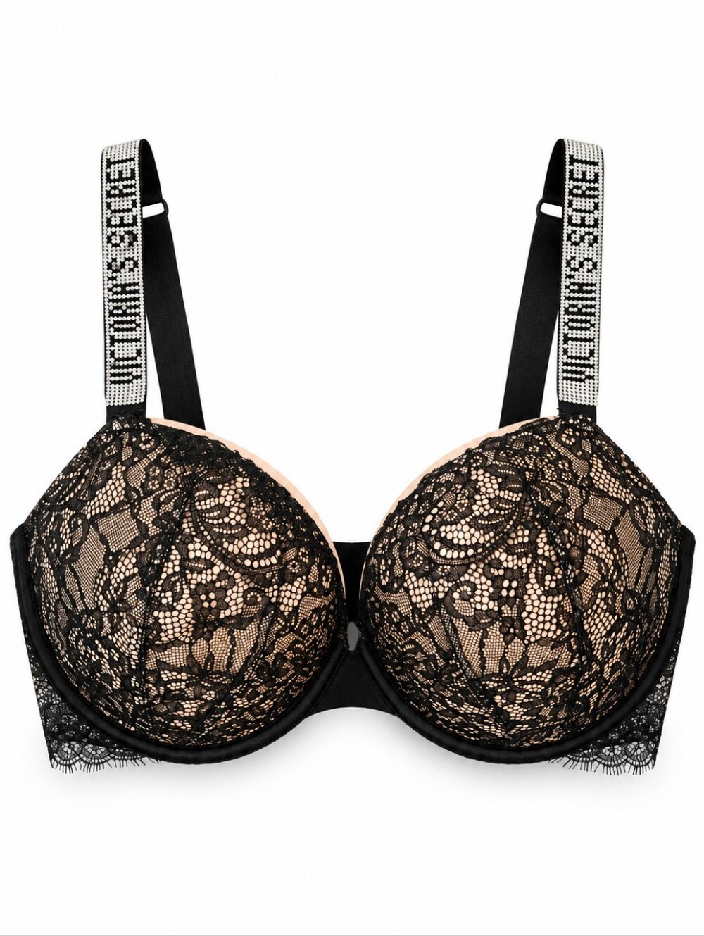 Victoria's Secret Very Sexy Push Up Shine Strap Bra Size 34DD Black Lace EUC